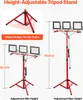 A height-adjustable tripod stand with LED lights, shown at minimum and maximum height. Podgląd zdjęcia produktu