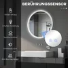 A round illuminated bathroom mirror is shown above a sink, with feature callouts on the left. Produktbild-Vorschau