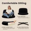 A collage of images showcasing the features of a black office chair, with a person sitting in it, a close-up of the cushion, and a separate image of the chair base. Voir les images du produit