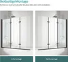 Two identical shower enclosures are shown side-by-side, illustrating left and right installation options. The text indicates that the installation can be done on the left or right depending on the situation. Produktbild-Vorschau