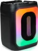 A black portable speaker with colorful LED lights. Produktbild-Vorschau