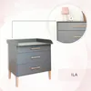A grey dresser with wooden legs and handles, shown with a close-up inset view of the top drawers and some decorative items. Produktbild-Vorschau