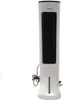 A white tower fan with a black grate is photographed against a white background. Produktbild-Vorschau