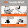 A collage of four close-up images showcasing different features of a commercial slicer, with text overlays describing each feature. Produktbild-Vorschau