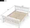 A white wooden bed frame with a slatted base, shown with dimensions indicated by lines and numbers. Produktbild-Vorschau