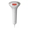 A white IPL hair removal device is displayed against a white background. The device has a wide, fan-shaped head with a rose gold trim and a red rectangular window in the center. A single button is located on the stem of the device, which is white. The text Anteprima dell’immagine prodotto