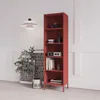 A tall, red bookshelf filled with decorative items and books, placed in a minimalist room. Voir les images du produit