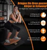 A woman is performing a squat on a balance board in a gym setting, with text overlays describing the benefits of the product. Produktbild-Vorschau