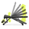 A black adjustable weight bench shown from the side with multiple ghosted images indicating its adjustable positions. Yellow arrows indicate the direction of adjustment. Produktbild-Vorschau