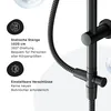 A close-up view of a black shower system with descriptive text and icons highlighting its features. Produktbild-Vorschau