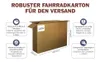 A large cardboard box for shipping bicycles and e-bikes, with informational callouts. Produktbild-Vorschau