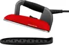 A red and gray steam iron with a black cord and a black base rests on a white background. Produktbild-Vorschau