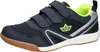 A single navy blue children's athletic shoe with neon green accents and a white sole, shown from the side against a white background. Voir les images du produit