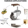 Collage showing a caster wheel and various applications for it, including a wooden pallet, a planter box, a shopping cart, a laundry hamper, a nightstand, and a bed frame. Produktbild-Vorschau