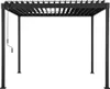 A black metal pergola with a slatted roof and a crank mechanism on the side, shown against a white background. Produktbild-Vorschau
