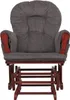 A front view of a gray corduroy glider chair with wooden armrests and a wooden base. Náhled obrázku produktu