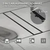 A black drain channel is installed in a tiled shower floor, with product features highlighted by icons and text. Náhled obrázku produktu