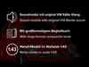 A red Volkswagen Beetle car with text overlays describing its features. Produktbild-Vorschau