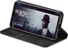 A black flip cover case for a smartphone is shown open, displaying the phone's screen which shows a movie poster for 'The Inspector'. Produktbild-Vorschau