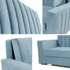 Collage of close-up shots of a light blue sofa, highlighting its upholstery and design. Produktbild-Vorschau