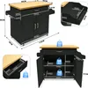 Multiple views and dimensions of a black kitchen cart with a wooden top. Voir les images du produit