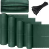 Several rolls of dark green privacy screen material are laid out, with a close-up of the material texture and a bundle of black zip ties in the upper right corner. Náhľad obrázku produktu