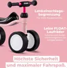 Close-up of a pink Puky Pukylino balance bike with text overlays highlighting features. Voir les images du produit