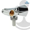 A chrome-plated plumbing valve with a hose barb connection, shown against a white and light gray background with a circular overlay. Produktbild-Vorschau