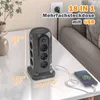 A black power strip tower with multiple outlets and USB ports is shown on a white table, with a phone charging from it. Produktbild-Vorschau