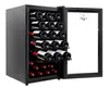A black wine cooler with the door open, filled with wine bottles. Produktbild-Vorschau