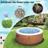 An inflatable hot tub is shown in a backyard setting, surrounded by grass and landscaping. Inset circles show rocks, grass, and plant roots, with German text labels. Produktbild-Vorschau