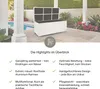 An outdoor storage box is shown in a garden setting with a pool and plants in the background. Text highlights the product's features. Produktbild-Vorschau