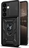 A black phone case with a camera cover and ring holder is shown next to a smartphone. Produktbild-Vorschau