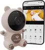 A baby monitor camera shaped like a bear is shown next to a smartphone displaying the baby monitor app. Produktbild-Vorschau