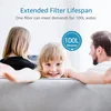 A family (father, mother, and daughter) sitting on a couch, with the daughter in the foreground smiling at the camera. A circular graphic indicating '100L lifespan' is visible. Náhled obrázku produktu
