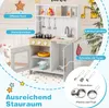 A children's play kitchen with various accessories and labels highlighting its features. Podgląd zdjęcia produktu