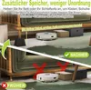 A split image showing before and after of using furniture risers to create space under a sofa for a robotic vacuum cleaner. The top shows the sofa raised with space underneath, and the bottom shows the sofa at its original height with items blocking the sp Produktbild-Vorschau