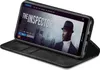 A smartphone in a black flip case is displayed at an angle, showing a movie poster on its screen. Produktbild-Vorschau