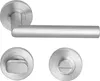 A set of stainless steel door handles and escutcheons on a white background. Produktbild-Vorschau