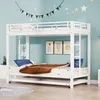 A white metal bunk bed with a pull-out trundle bed is set up in a child's bedroom with blue walls decorated with stars and a banner. Voir les images du produit