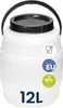 A white plastic barrel with a black lid and handle, featuring various labels. Voir les images du produit