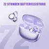A pair of silver wireless earbuds with a charging case, with large purple numbers in the background. Produktbild-Vorschau
