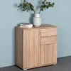 A wooden cabinet with two doors and three drawers, decorated with a vase of greenery and two books on top, set against a light blue wall. Produktbild-Vorschau