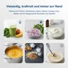 Collage of images showing different uses of a hand blender, including making a smoothie, chopping onions, whipping cream, making soup, crushing ice, and blending a batter. Produktbild-Vorschau