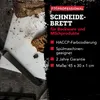 A cutting board with bread crumbs and a slice of bread on it, next to a knife. Text overlays describe the product's features. Produktbild-Vorschau