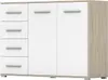A studio shot of a white and wood-colored dresser with multiple drawers and cabinet doors. Náhled obrázku produktu