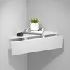 A corner shelf mounted on a light gray wall, with a plant and books on top, and a drawer partially open. Produktbild-Vorschau