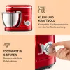 A collage of images showcasing a red kitchen mixer, its features, and a close-up of its control dial being operated by a hand. Produktbild-Vorschau