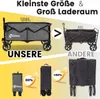 Comparison of two folding wagons, highlighting capacity and folded size differences. Voir les images du produit