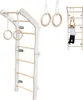 A child is using a wooden climbing frame with rings attached. Produktbild-Vorschau